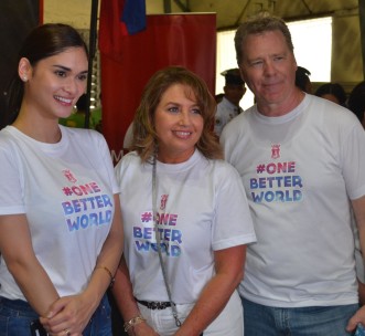 Miss Universe 2015 Pia Wurtzbach, Miss Universe President Paula Shugart and H4C Director Paul Grimsland at San Miguel Foundation Event